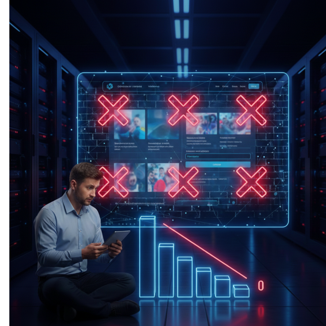 Ein frustrierter Geschäftsmann analysiert sinkende Verkaufszahlen auf einem Tablet, Fehler auf der Website, Optimierung der Conversion-Rate.