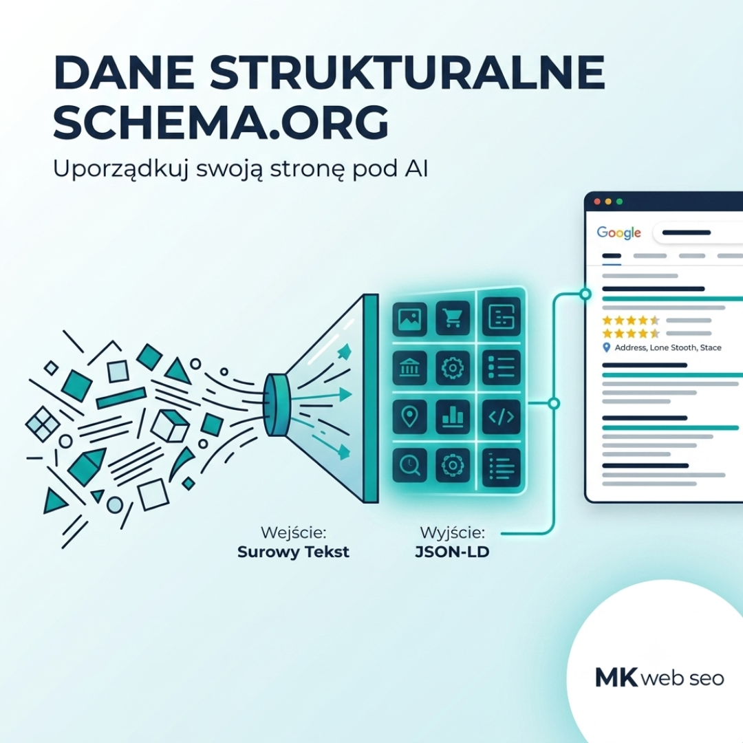 Infografika pokazująca proces wdrażania danych strukturalnych Schema.org dla firm, od surowego tekstu do formatu JSON-LD, z logo MK Web SEO.