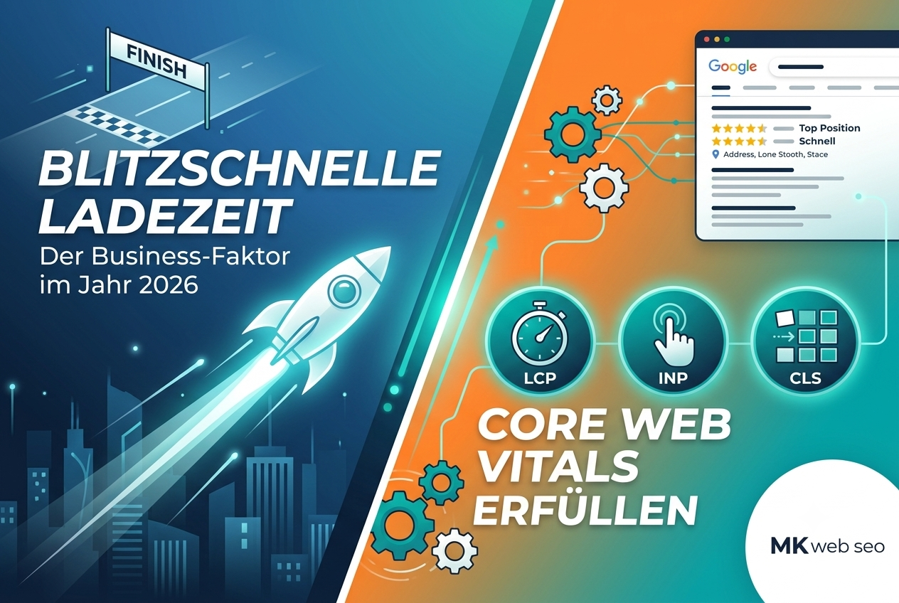 Infografik zu Core Web Vitals und Ladezeiten-Optimierung für WordPress-Websites mit MK Web SEO Logo.